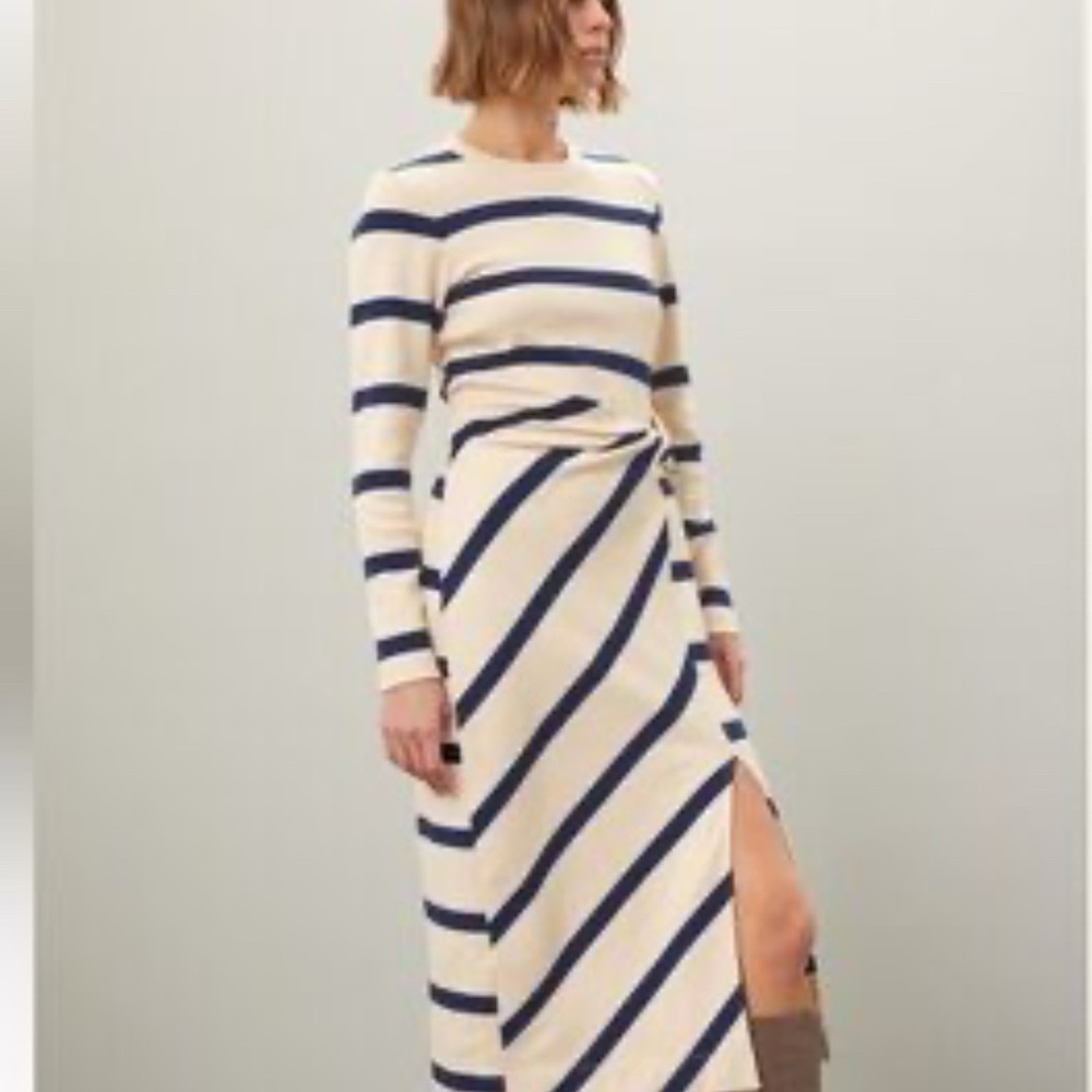 Tanya Taylor Blue and White Sheath Dress Long Sleeve Crew Neck